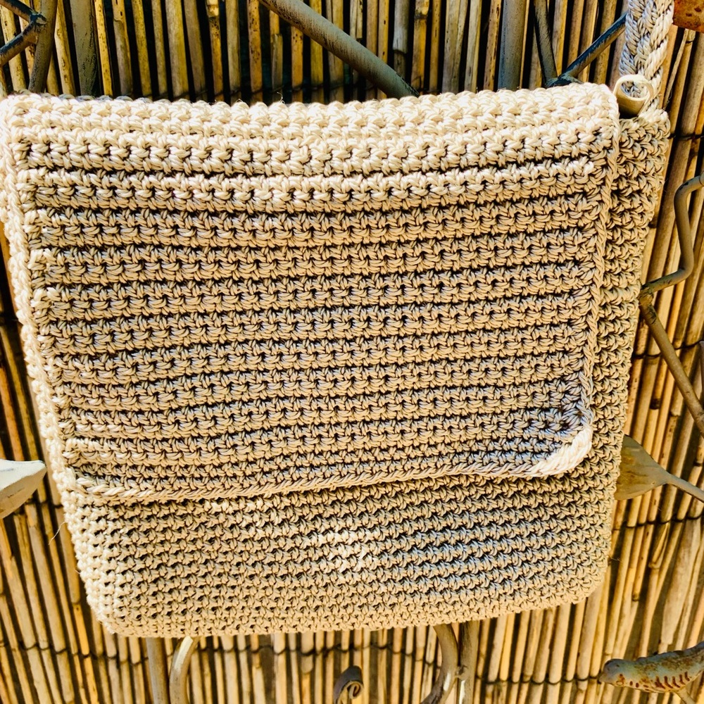 Handmade beige woven Crochet Crossbody handbag purse bag